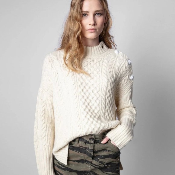 Zadig & Voltaire Malta Button Shoulder Cable Knit Cashmere Sweater (Ecru, Medium - Picture 1 of 6